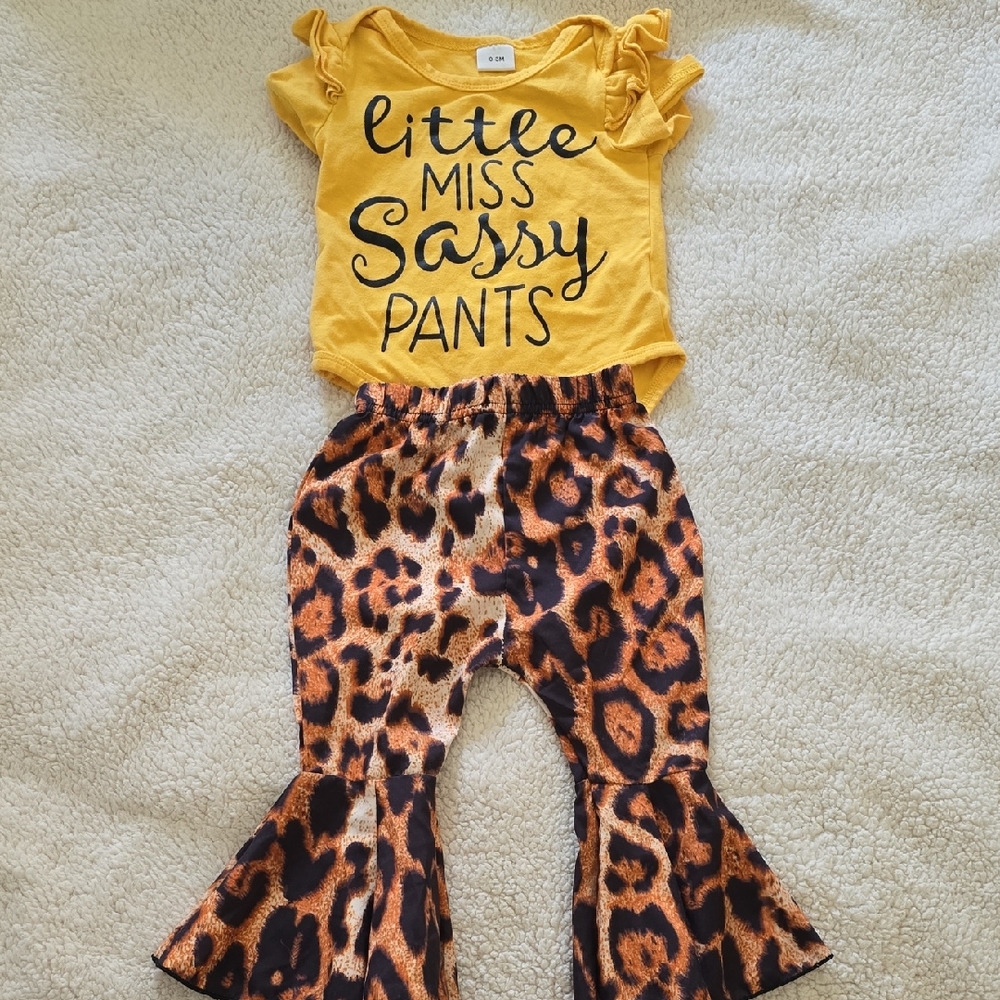 Little Miss Sassy Pants Outfit Set Yellow Bodysuit Leopard Bell Bottoms 0-3M